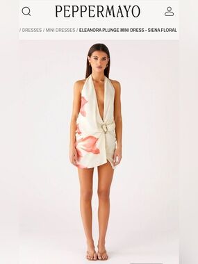 Peppermayo Cream Halter Plunge Mini Dress with Coral Floral